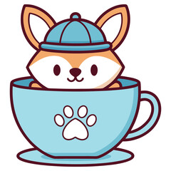 Cute Cartoon Fox Cub with Blue Cap in Paw Print Mug with Transparent Background