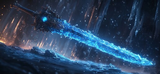 Magical ice blade resting on a frozen landscape radiating ethereal blue light