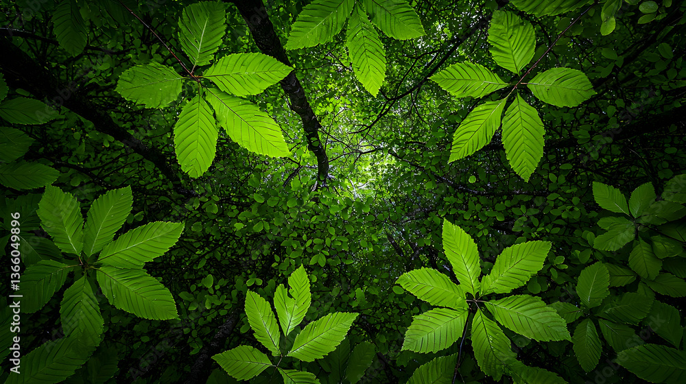 Poster overhead view of green leaves forming canopy in a forest sunlight filtering through branches creatin