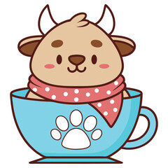 Adorable Cartoon Calf with Scarf in Blue Cup Isolated on White Background