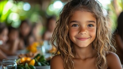 Fototapeta premium A joyful young girl with curly hair smiling at a lively outdoor gathering filled with vibrant fruits and friends nearby