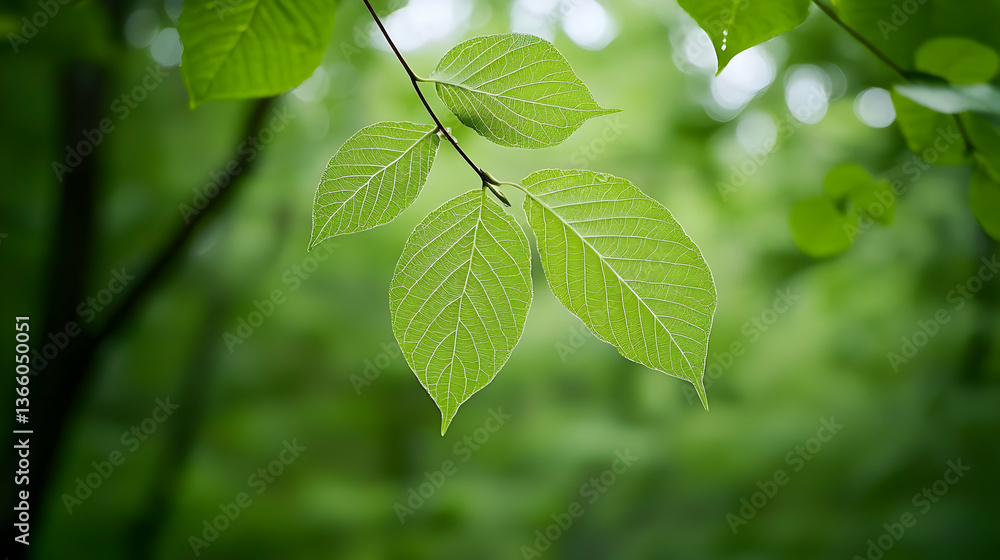 Poster close up of green leaves on a branch with blurred background in a natural environment showing freshn