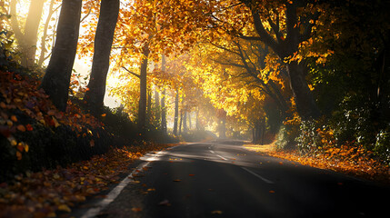 Obraz premium Sunlit Autumn Road Lined With Trees Showcasing Golden Leaves and Warm Hues with Atmospheric Perspective