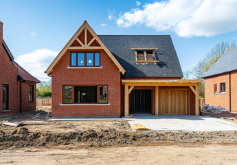 A house is being constructed in the countryside, showcasing a traditional design with brick walls and wooden features. Surrounding land remains undeveloped, with materials on site