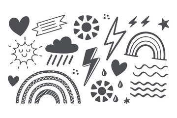 Whimsical Crayon Doodle Set. Hand-Drawn Abstract Shapes Featuring Hearts, Rainbows, Stars, Clouds, Lightning, and Playful Geometric Elements with Childlike Artistic Charm Vector Illustration