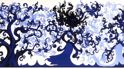 Artistic abstract representation of dark blue trees and shadows