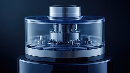 A deep navy blue backdrop prominently displays a professional food processor with sharp blades, illustrating culinary power.