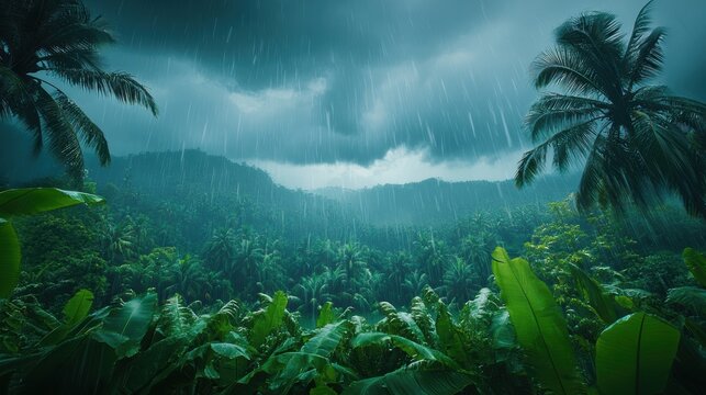 A stormy monsoon wallpaper featuring thunderclouds, rain pouring down, and lush tropical plants swaying in the wind
