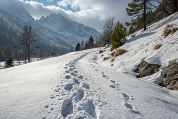 Footprints Trail Through Snow in Winter Mountains Landscape Generative AI