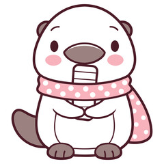 Cartoon Otter with Pink Polka Dot Scarf Isolated on White Background, Cute Design