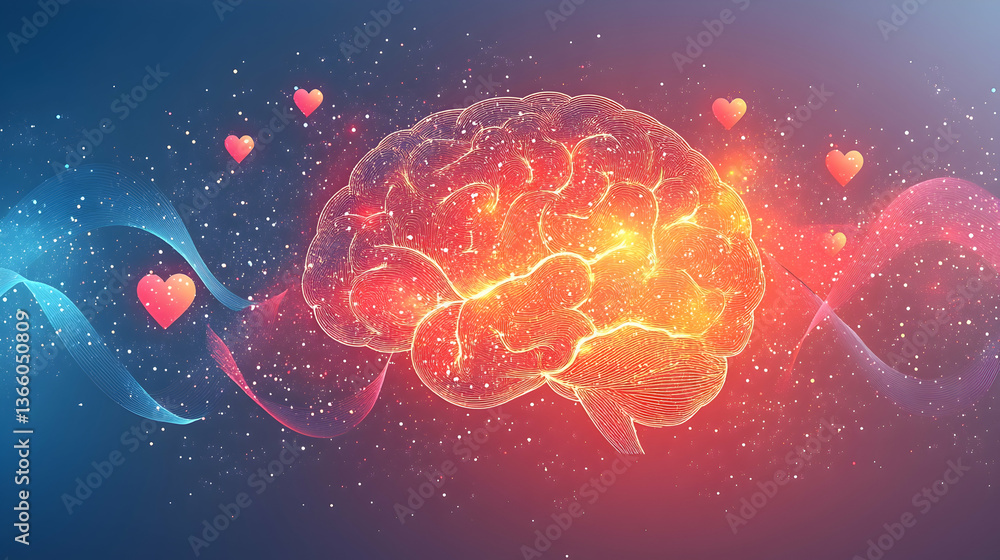 Canvas Prints a light pastel background featuring a glowing brain outline, minimal abstract ribbons and floating h