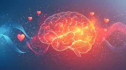 A light pastel background featuring a glowing brain outline, minimal abstract ribbons and floating heart icons symbolizing mindfulness