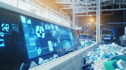 An AI powered automated sorting system managing waste at a recycling plant, advanced sorting machinery with real-time data analysis and material categorization, Recycling technology style