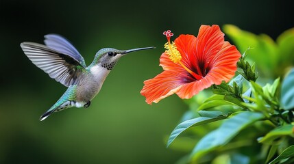 Fototapeta premium Hummingbird hovering near hibiscus garden wildlife photography natural habitat close-up tiny marvels