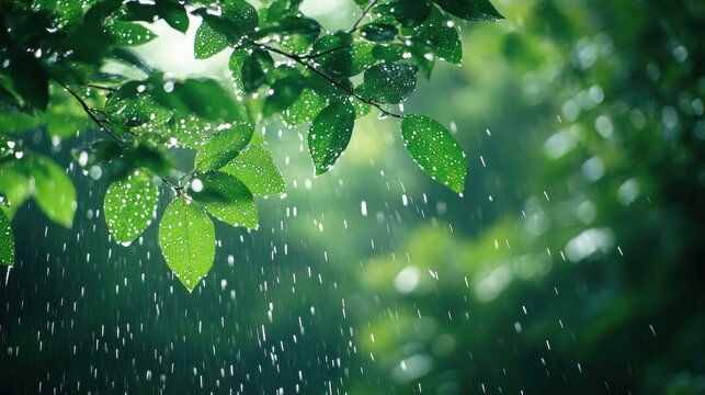 A rainy season wallpaper with soft rain falling on a forest landscape, with mist rising from the trees and gentle raindrops on leaves