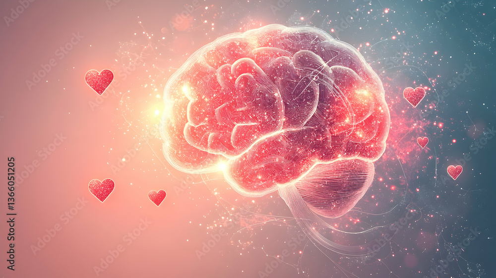 Canvas Prints a light pastel background featuring a glowing brain outline, minimal abstract ribbons and floating h