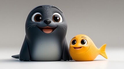 Fototapeta premium Animated Seal and Goldfish Friends Together Forever in Harmonious Cartoon Serenity Render of excellence.