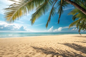 Fototapeta premium Serene Beach With Palm Trees Under Clear Blue Sky Generative AI