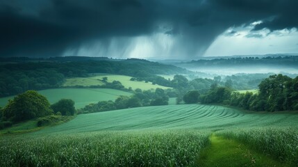 A wallpaper with a rainy countryside view, featuring mist-covered hills, rain-soaked fields, and distant storm clouds rolling over