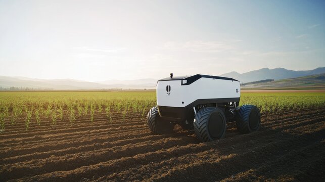 An AI powered autonomous agricultural vehicle planting seeds in a vast field, large farm with real-time crop planting and soil analysis, Agricultural technology style