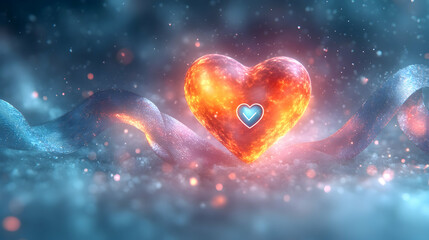 Fototapeta premium A light pastel background with glowing abstract elements, minimal ribbons and a central heart icon symbolizing mental health awareness