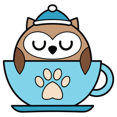 Cute Cartoon Owl with Closed Eyes in a Light Blue Cup With Paw Print Design