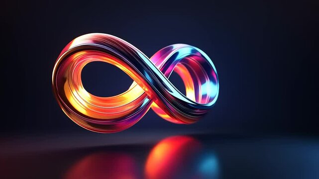 A glossy, vibrant infinity symbol with iridescent colors against a dark, reflective background.