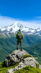 Hiker admires breathtaking snow-capped mountain vista