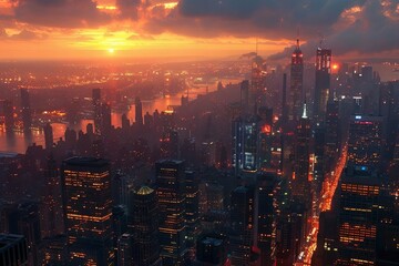 Fototapeta premium Cityscape at Sunset: A Vibrant View of Urban Energy and Beauty