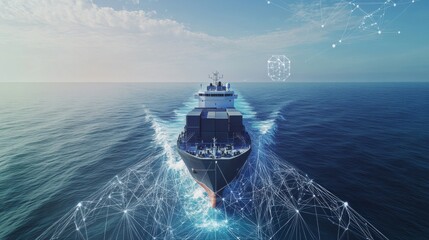 An AI powered autonomous cargo ship navigating the open seas with precision , sleek vessel with real-time navigation data and automated operations, Maritime technology style