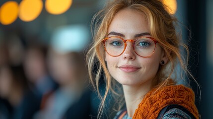 Young woman with glasses smiling softly amid a blurred backdrop of people, showcasing warmth and friendly charm