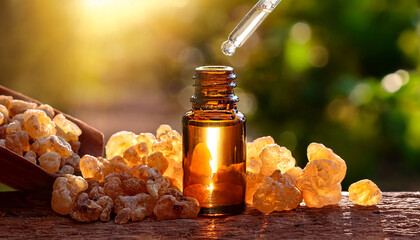 Frasco âmbar de vidro com uma pipeta conta gotas de vidro caindo uma gota de óleo essencial de Olíbano Frankincense essential oil, Árvore Boswellia carterii Egito