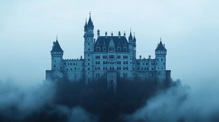 Obraz premium A misty, atmospheric castle rises dramatically against a blue backdrop, evoking a sense of mystery and enchantment.