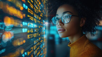 Woman programmer analyzing data streams, server room, night