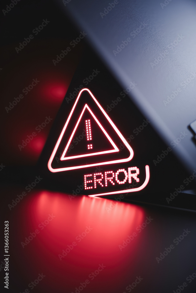 Poster glowing red error sign illuminating dark workspace with alert symbol for technology frustration