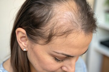 Fototapeta premium Woman With Thinning Hair Shows Scalp in Close up View Generative AI
