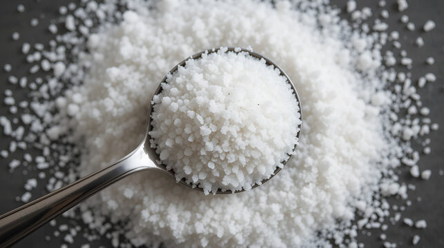 A tablespoon of white sugar, top view of granulated sugar in a silver measuring spoon