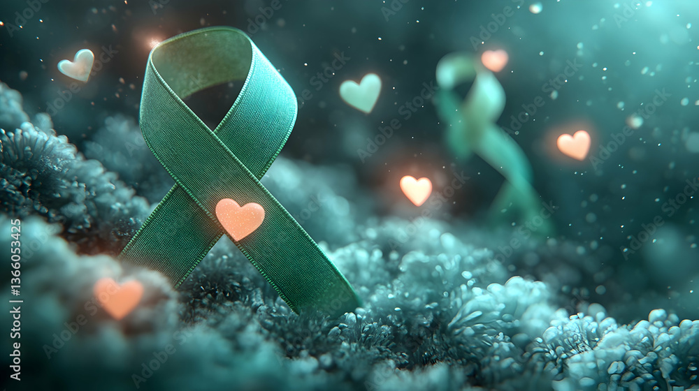 Canvas Prints a pastel background showing minimal floating green ribbons, glowing heart symbols and soft abstract 