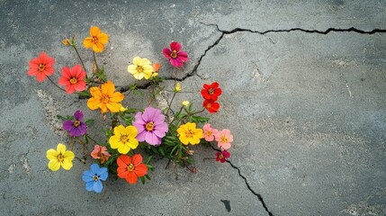 Vibrant floral growth urban cracks photography nature top-down view brightly colored flowers newstandard