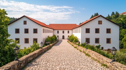 A picturesque white building framed by greenery, featuring a cobblestone path and traditional architecture under a clear blue sky.