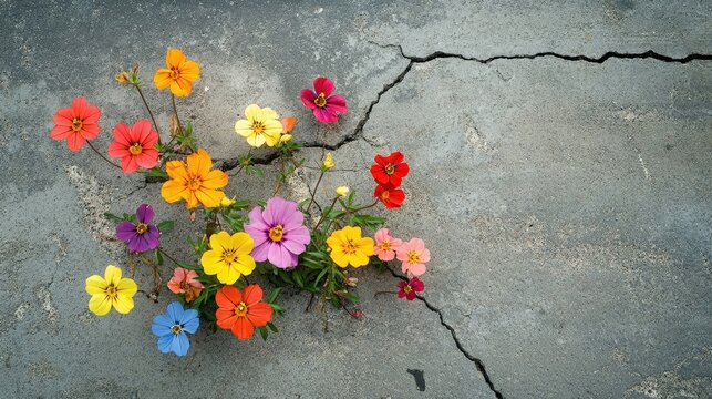 Vibrant floral growth urban cracks photography nature top-down view brightly colored flowers newstandard