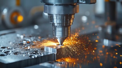 A detailed shot of a CNC machine in action, precision cutting metal parts with smooth, controlled movements