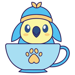 Cute Cartoon Bird in Cup with Paw Print Icon Style