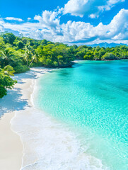 Idyllic tropical beach with white sand, turquoise water, and lush greenery