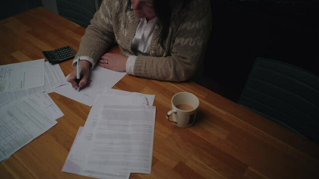 An overhead panning shot reveals a woman sorting financial paperwork, using a calculator, and taking notes at a wooden table. A binder, coffee cup, and scattered documents add realism.