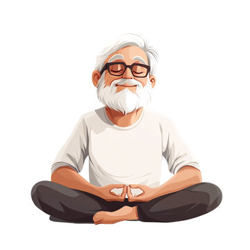 An elderly man with white hair and a beard meditating on a solid background.