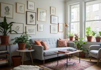 A cozy living room with gallery wall, sofa, plants, and natural light creating a warm and inviting space