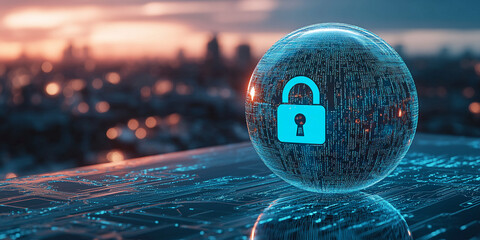 Cybersecurity concept image: A glass sphere with a padlock icon rests on a circuit board, against a blurred city skyline background, symbolizing data protection and digital security
