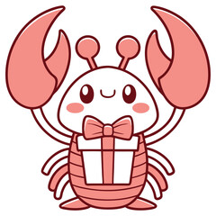Kawaii Pink Crab Character with Bow Tie and Gift, Cute Marine Creature Art