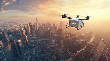 An AI powered autonomous delivery drone transporting packages across urban areas with high accuracy, Delivery technology style, photo of